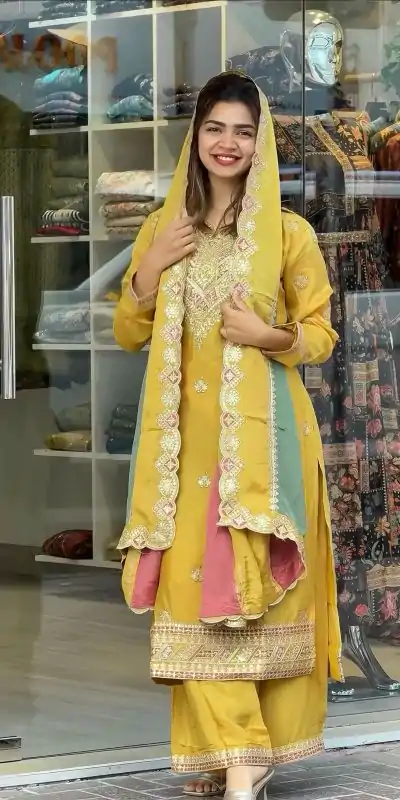 AD 145 Yellow Color Faux Georgette With Embroidery Sequence Work Salwar Suit Casual, Wedding, Party, Festive, Events Etc.4-6 Working Days@ 2099/-only | Jump Suits, Salwar suit, Casual Suits, Creative suits, Designer Suits, Palazzo Suits, Party Wear Suits, Patiala Suits, Straight Suits