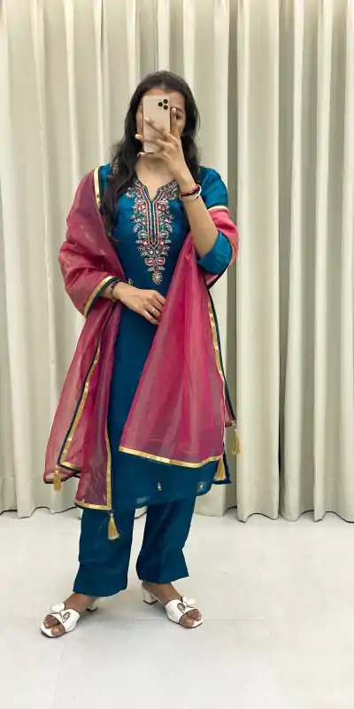  BE 301 Peacock Blue Color Fendi Silk Hand Work Salwar Suit Casual, Wedding, Party, Festive, Events Etc.4-6 Working Days@ 1799/-only | Jump Suits, Salwar suit, Casual Suits, Creative suits, Designer Suits, Palazzo Suits, Party Wear Suits, Patiala Suits, Straight Suits