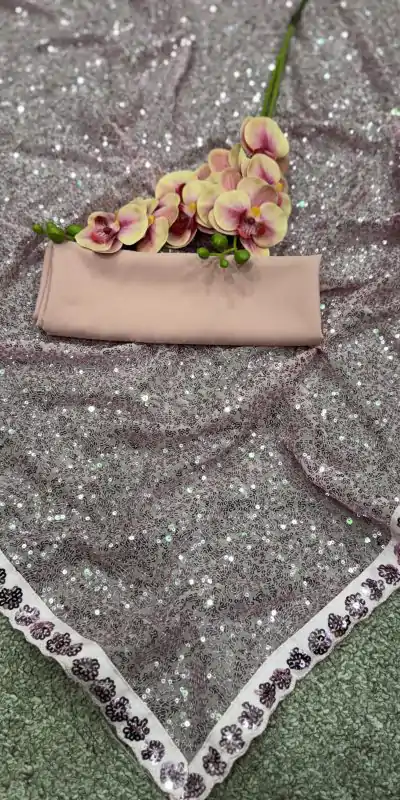 Pretty Grey Color Faux Georgette With 5MM & 3MM Khichdi Sequence Embroidery Work Saree