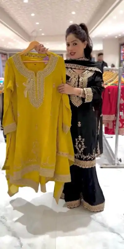 NSR 840 Yellow Black Color Faux Georgette With Embroidery Sequence Work Salwar Suit Casual, Wedding, Party, Festive, Events Etc.4-6 Working Days@ 1999/-only | Jump Suits, Salwar suit, Casual Suits, Creative suits, Designer Suits, Palazzo Suits, Party Wear Suits, Patiala Suits, Straight Suits