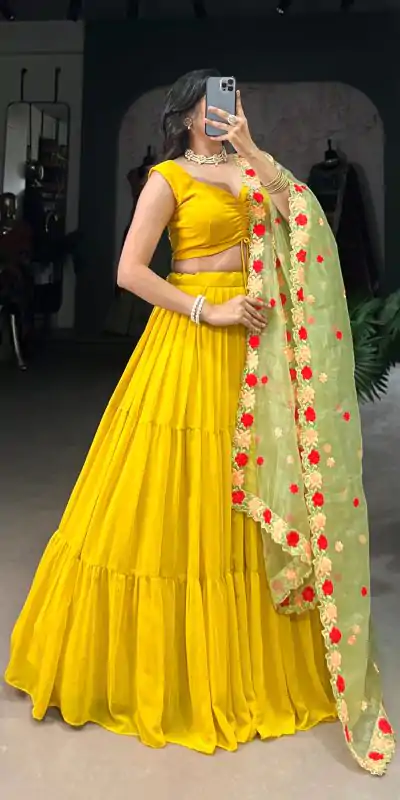 Resplendent Yellow Color Georgette Plain Lehenga Choli