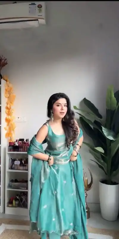 Shiny Sky Blue Color Fendi Silk Thread With Sequence Anarkali Gown