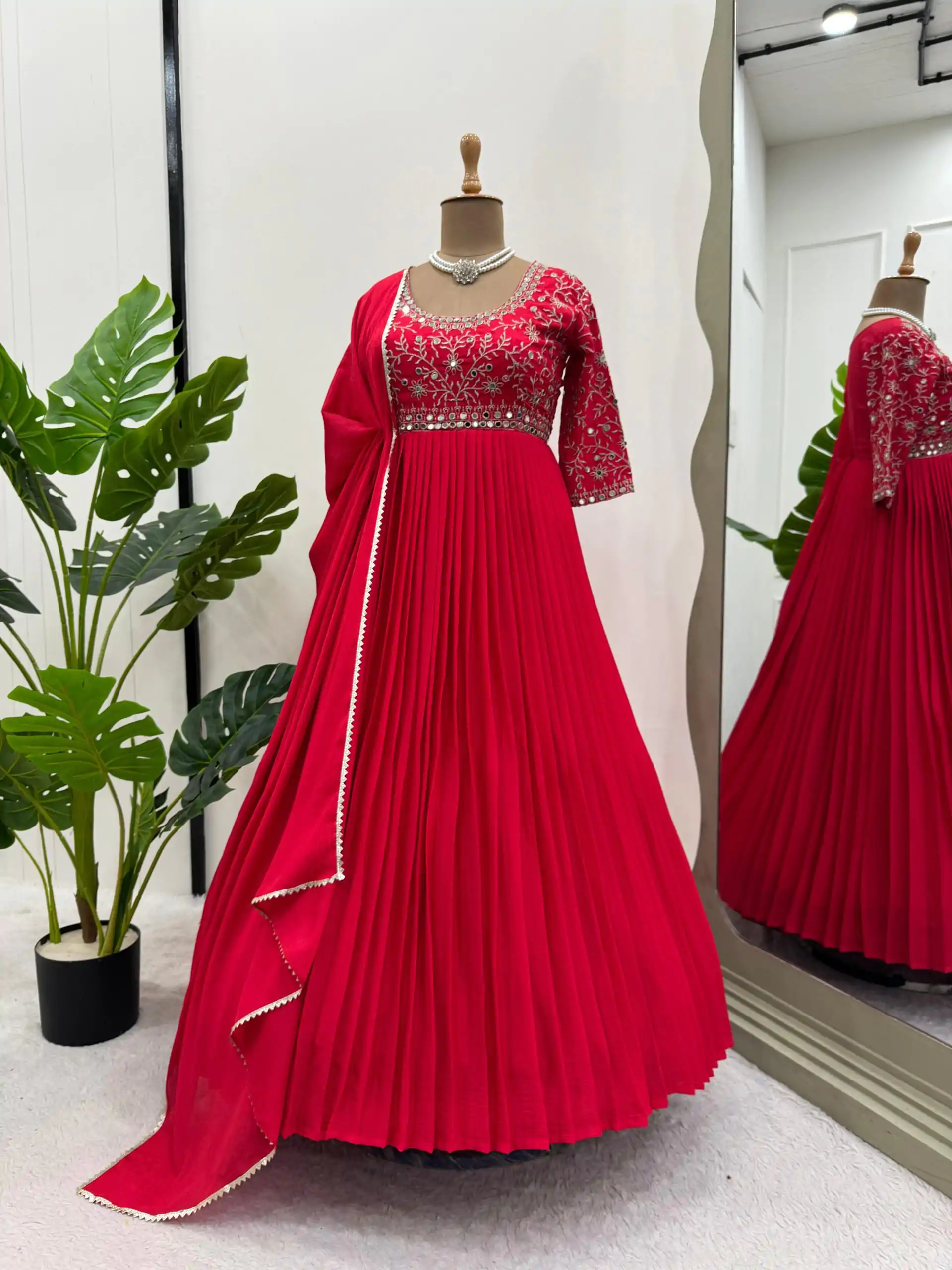 Red Chinon Silk Thread Real Mirror Gown - Image 2