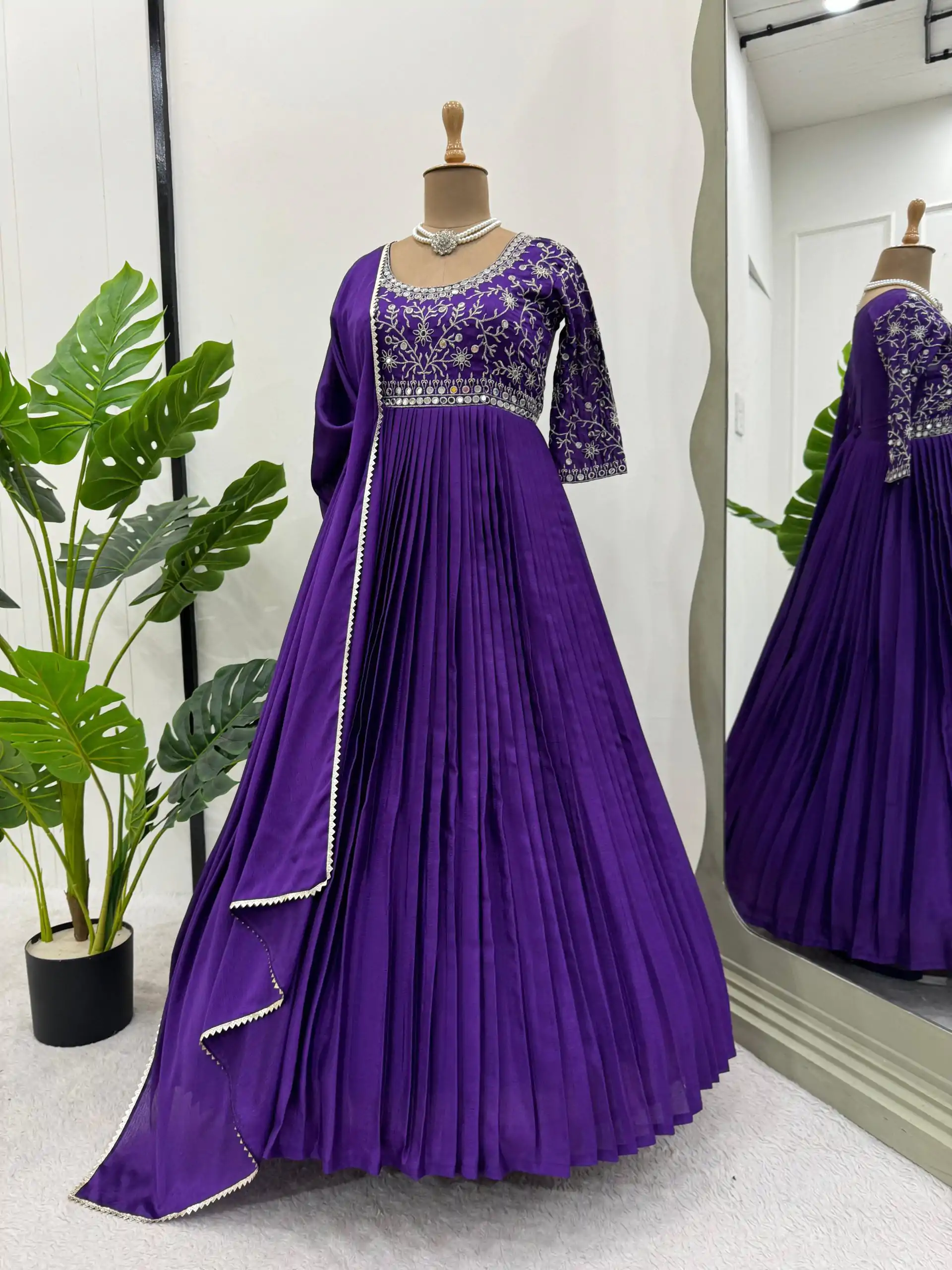 Purple Chinon Silk Thread Real Mirror Gown - Image 2