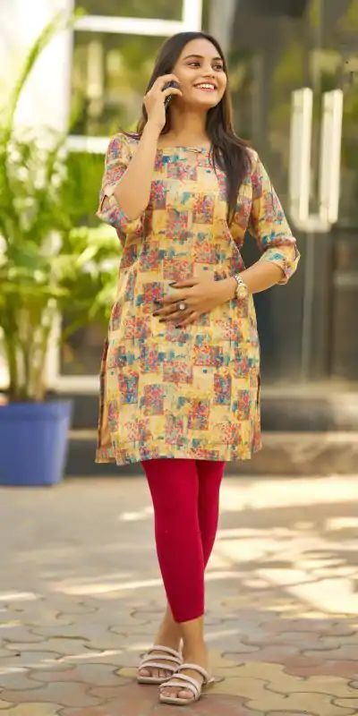 Cream Simmer Silk Office Wear Printed Kurti