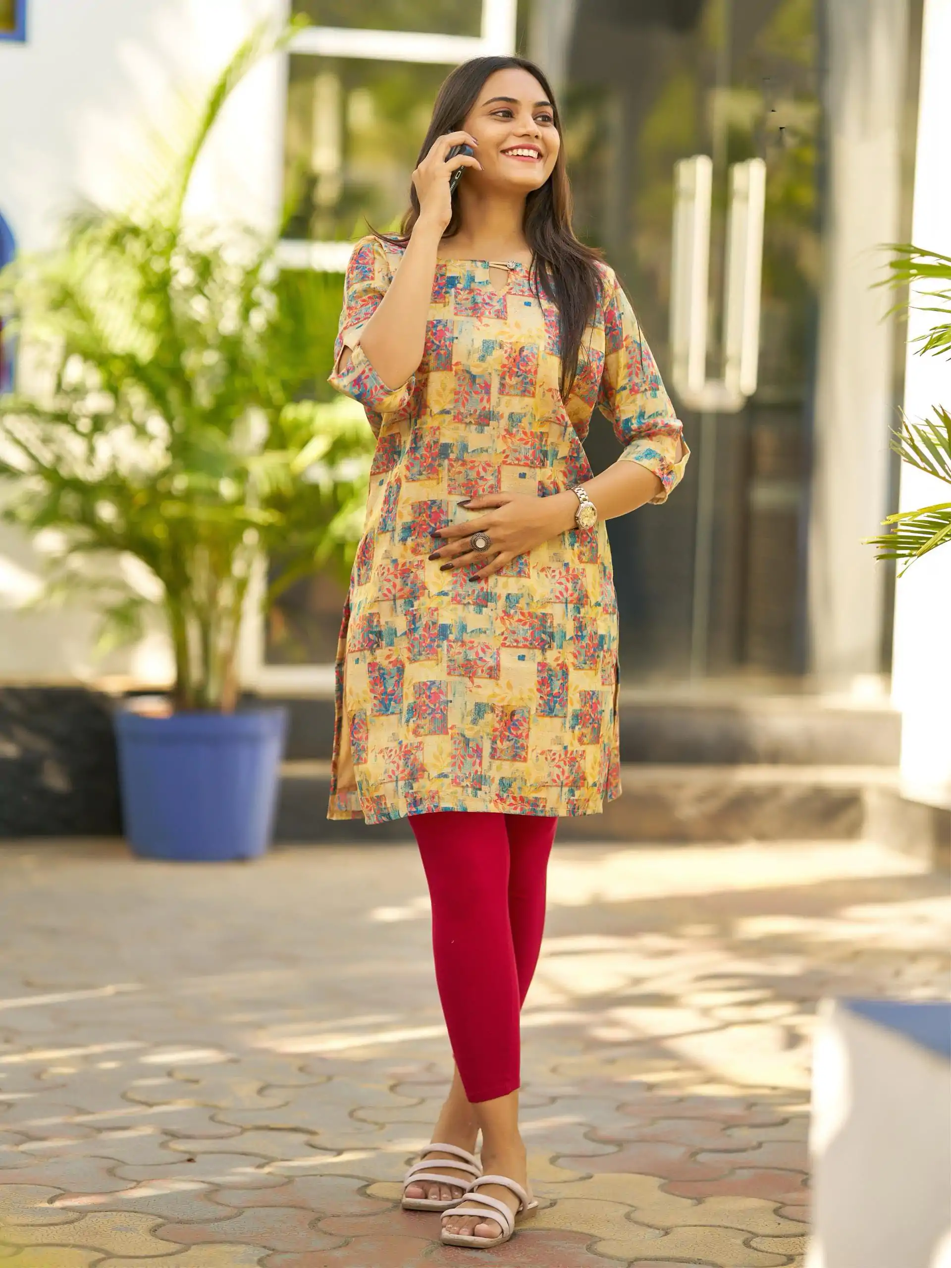 Cream Simmer Silk Office Wear Printed Kurti