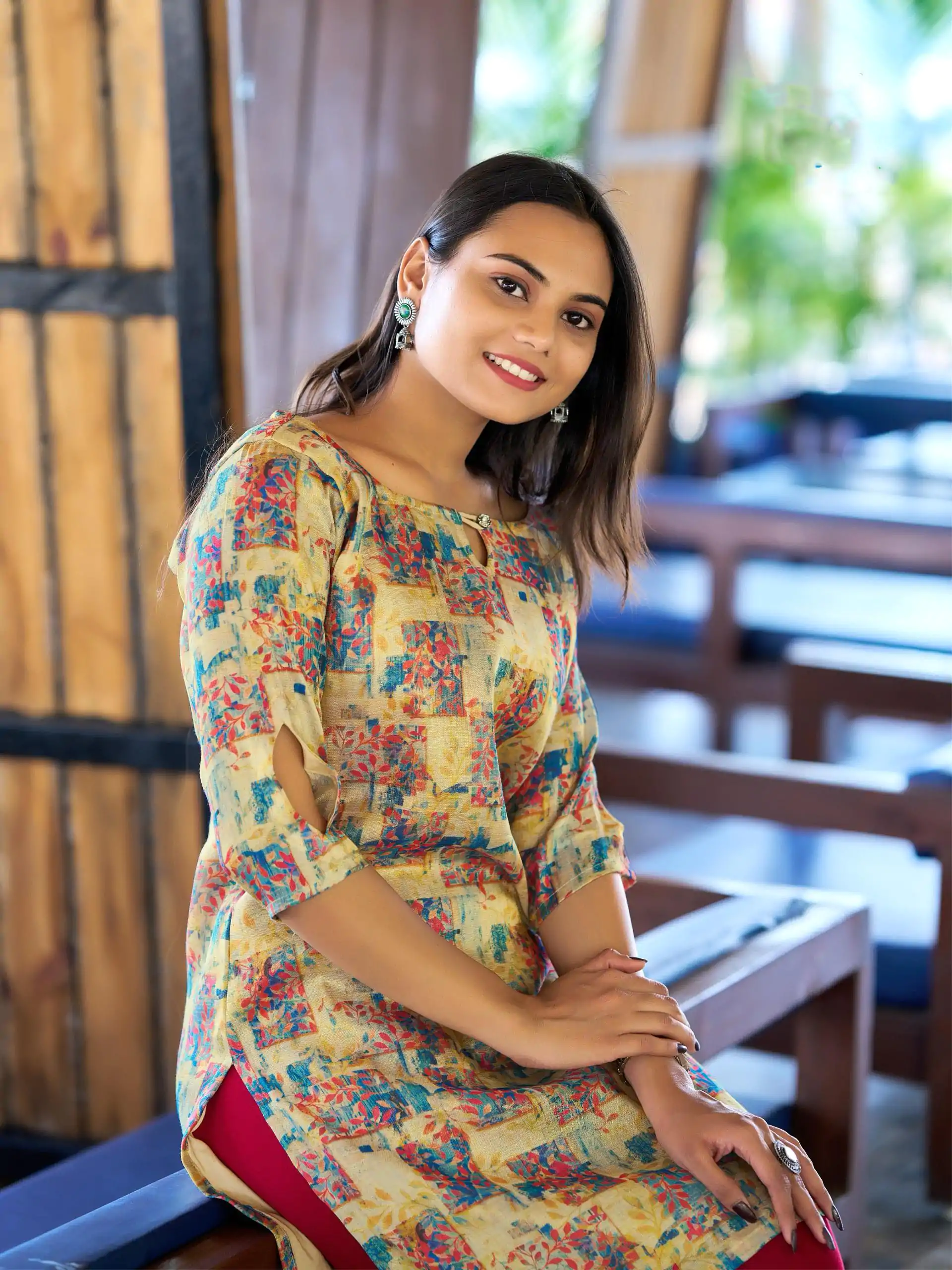 Cream Simmer Silk Office Wear Printed Kurti - Image 2