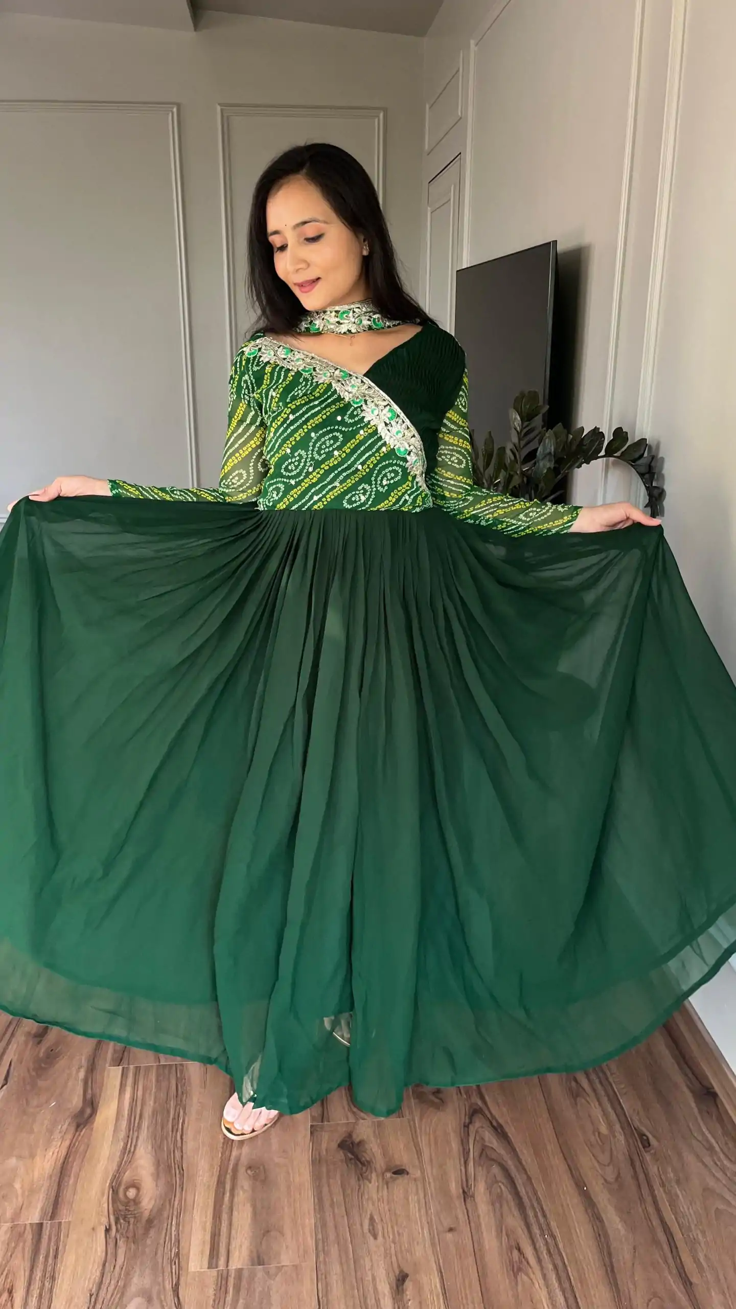 Ram 058 Green Color Bandhej With Fox Georgette 3mm Sequence Embroidery Work Anarkali Gown Wedding Party, Festive, Events Etc.4-6 Working Days@1899/- only | Gowns, Bollywood Gowns, Creative Gowns, Designer Gowns, Embroidered Gowns, Party Wear Gowns, Straight Suits