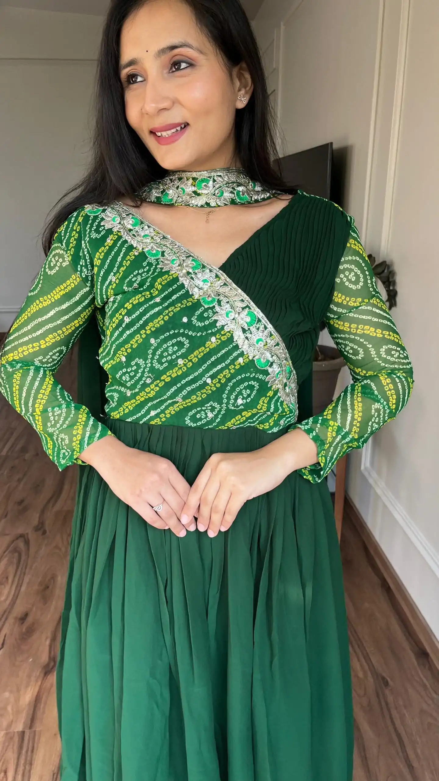 Ram 058 Green Color Bandhej With Fox Georgette 3mm Sequence Embroidery Work Anarkali Gown Wedding Party, Festive, Events Etc.4-6 Working Days@1899/- only | Gowns, Bollywood Gowns, Creative Gowns, Designer Gowns, Embroidered Gowns, Party Wear Gowns, Straight Suits