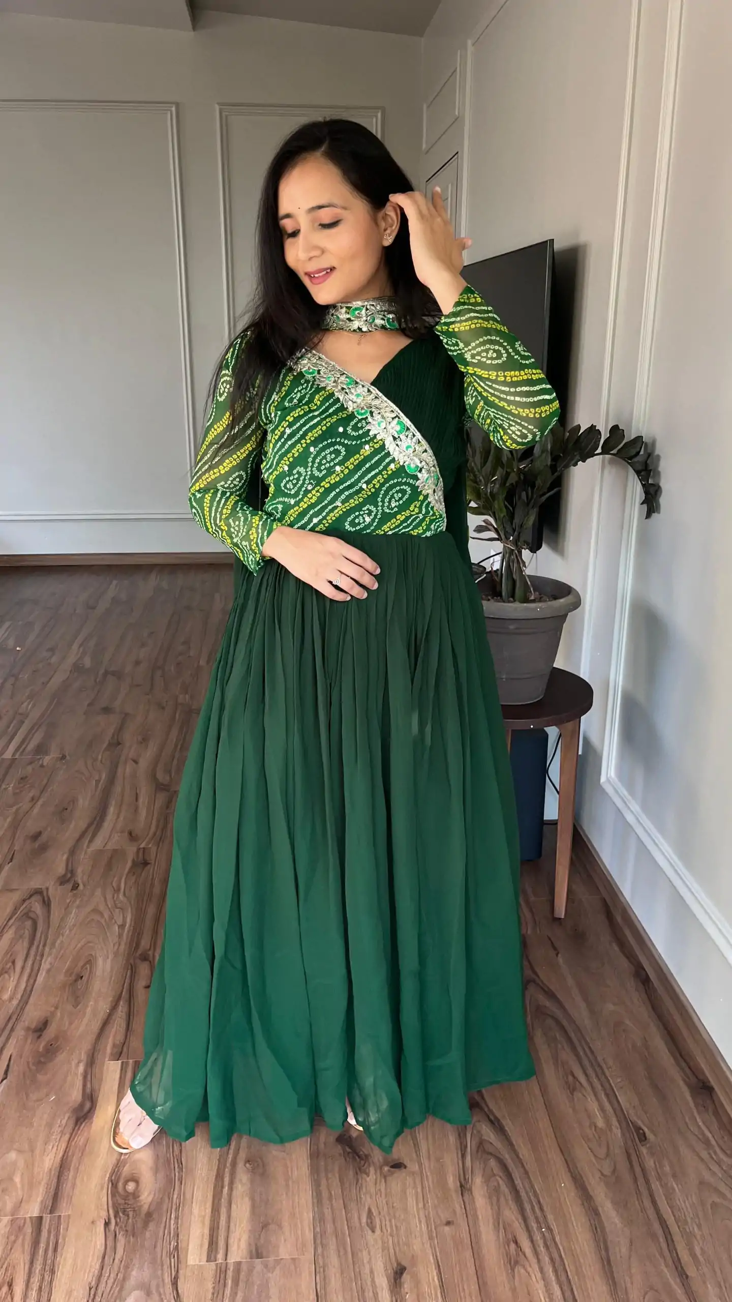 Ram 058 Green Color Bandhej With Fox Georgette 3mm Sequence Embroidery Work Anarkali Gown Wedding Party, Festive, Events Etc.4-6 Working Days@1899/- only | Gowns, Bollywood Gowns, Creative Gowns, Designer Gowns, Embroidered Gowns, Party Wear Gowns, Straight Suits