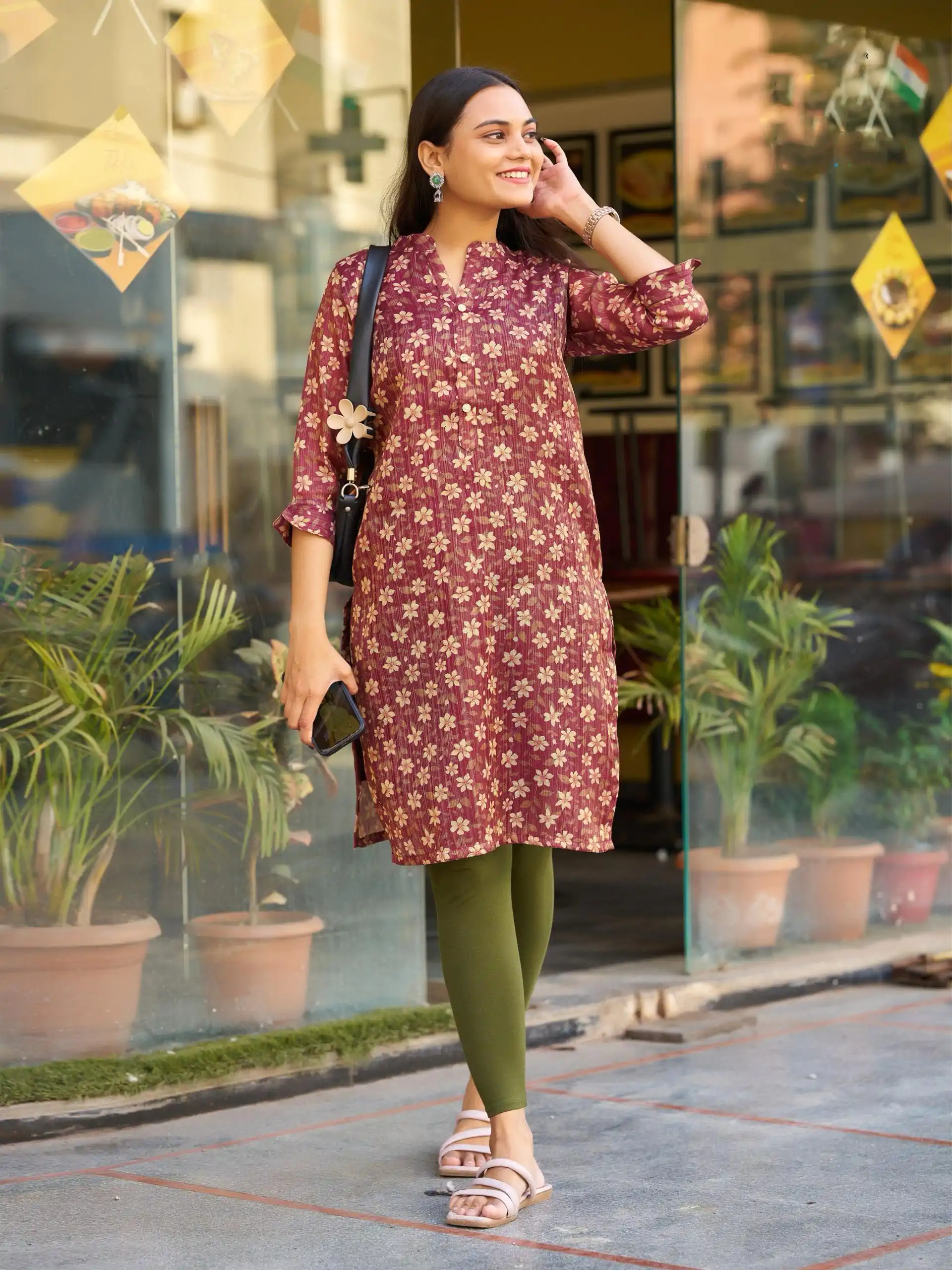 Marron Simmer Silk Office Wear Printed Kurti