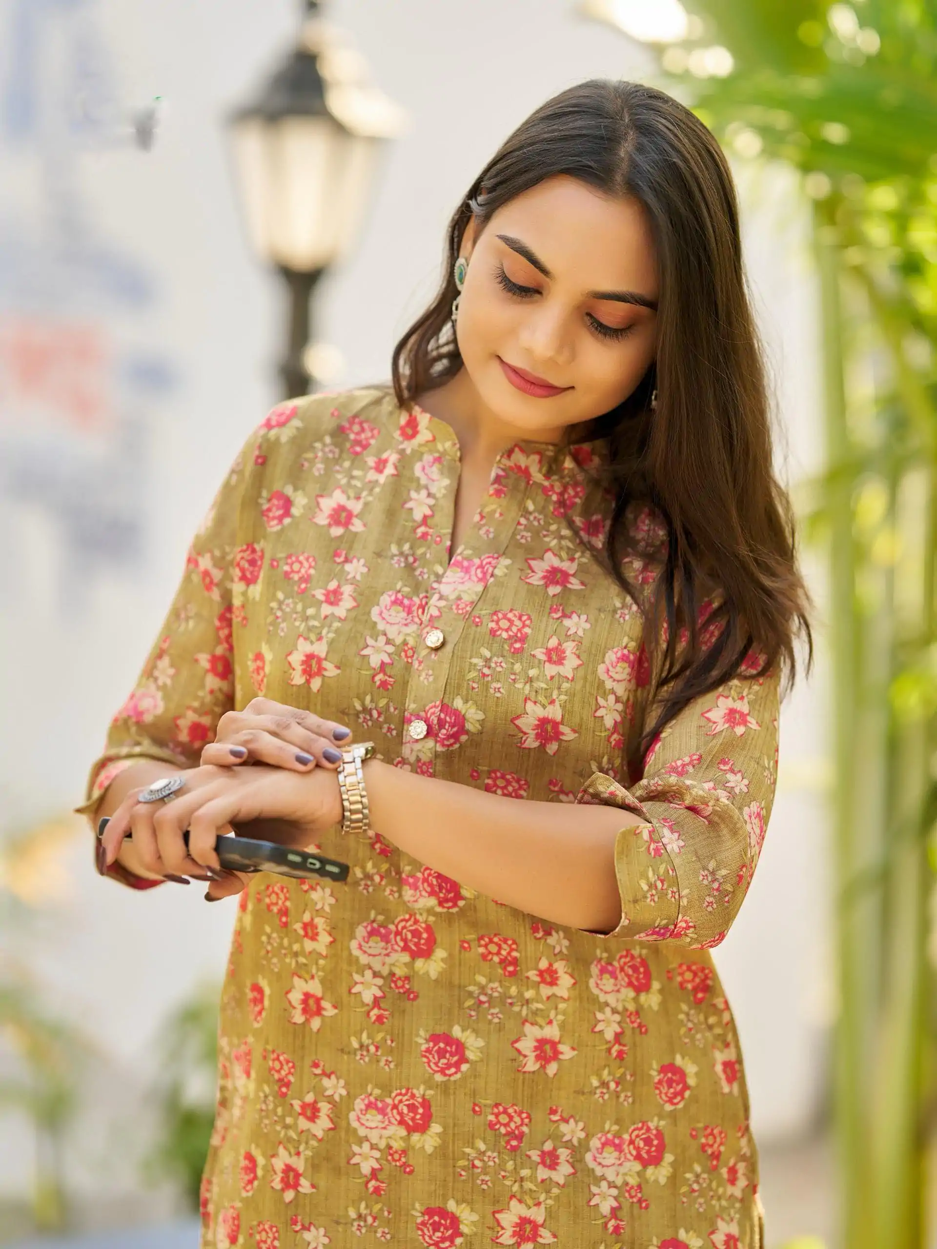 Mehandi Simmer Silk Office Wear Printed Kurti - Image 2