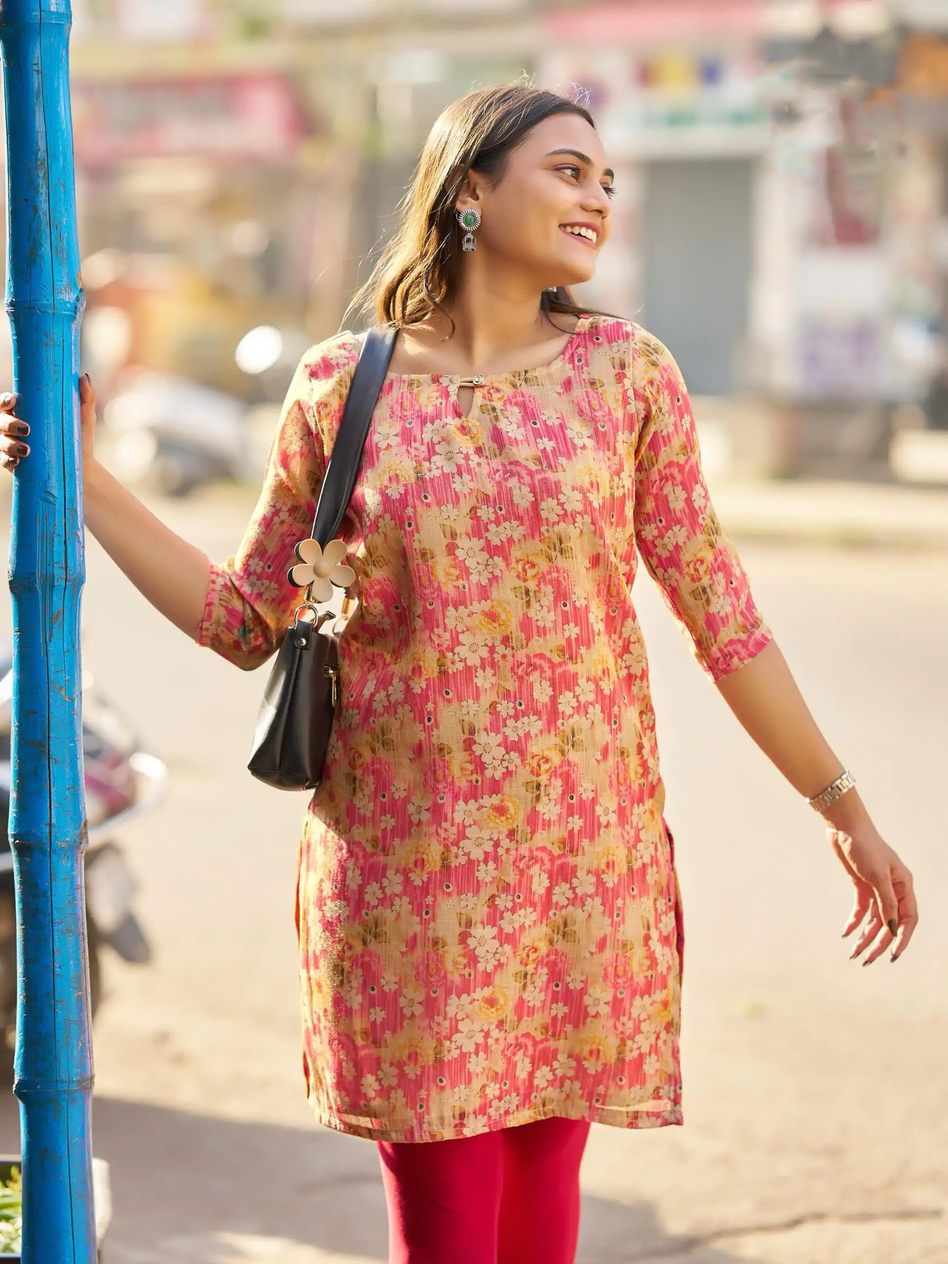 Peach Simmer Silk Office Wear Printed Kurti