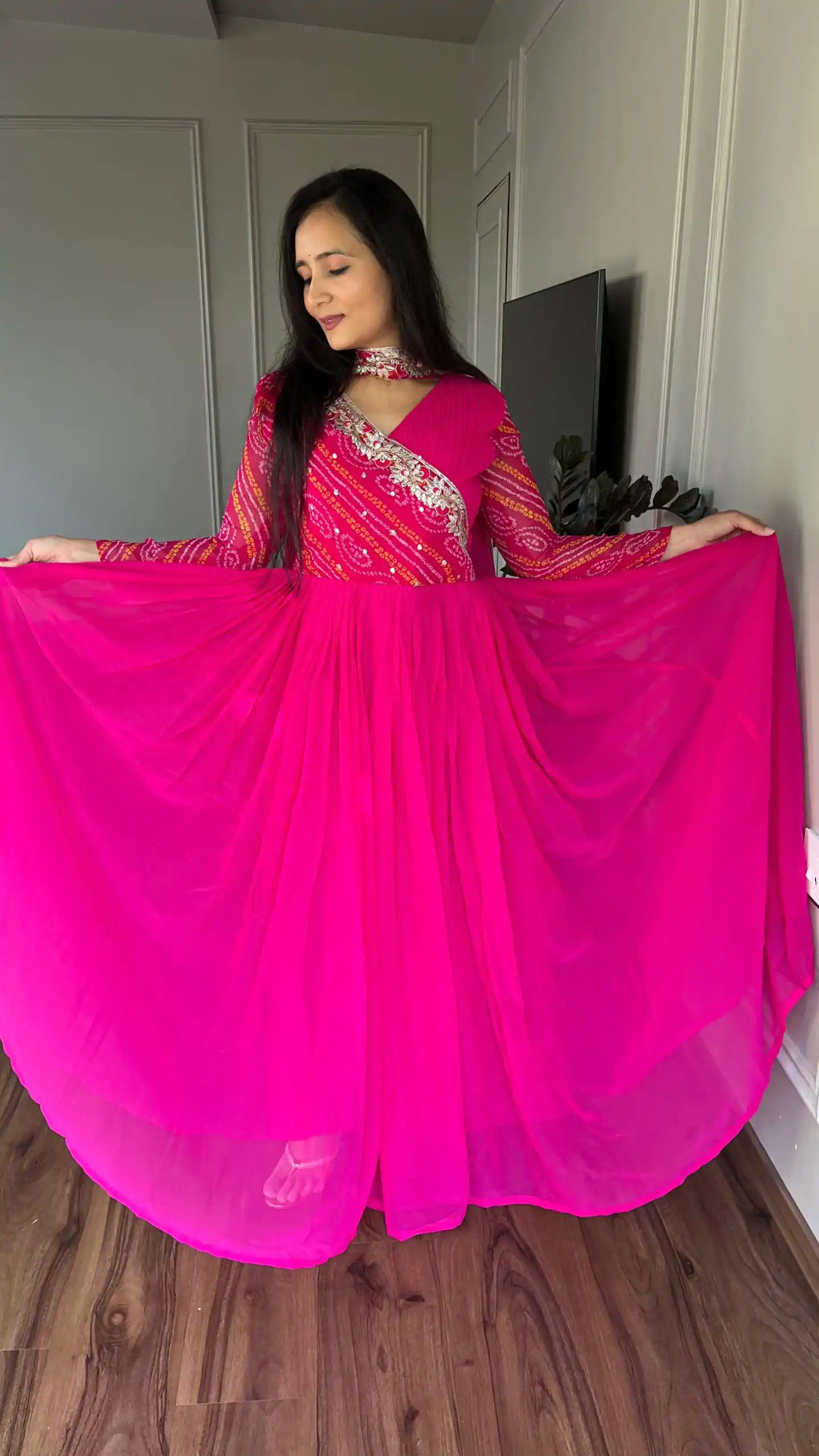 Ram 058 Pink Color Bandhej With Fox Georgette 3mm Sequence Embroidery Work Anarkali Gown Wedding Party, Festive, Events Etc.4-6 Working Days@1899/- only | Gowns, Bollywood Gowns, Creative Gowns, Designer Gowns, Embroidered Gowns, Party Wear Gowns, Straight Suits