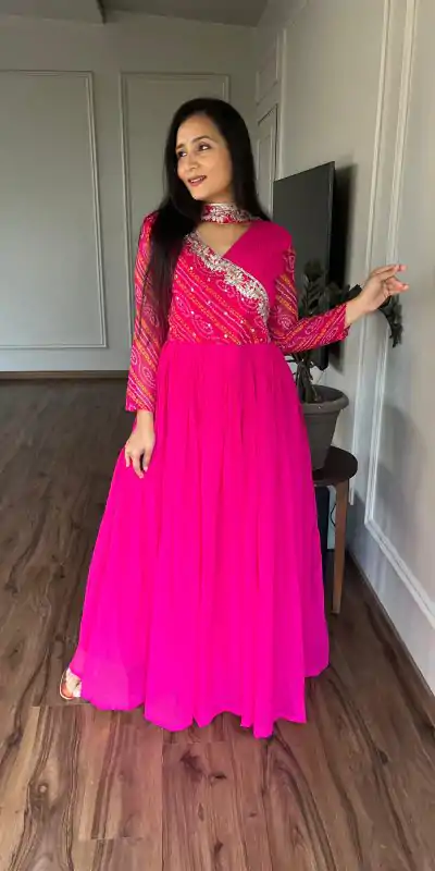 Pink Bandhej Fox Georgette Sequence Embroidery Work Anarkali Gown