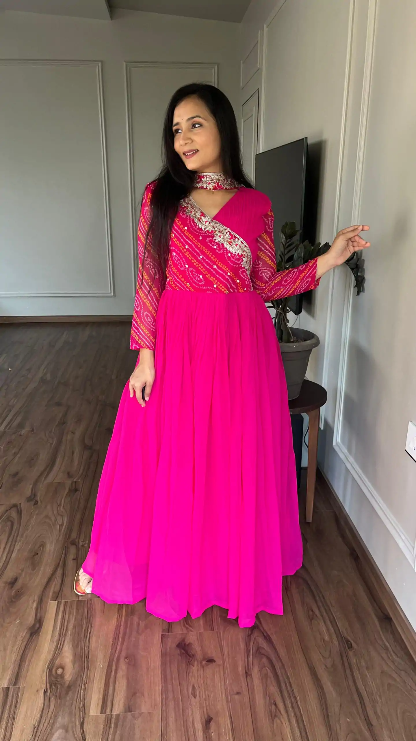 Ram 058 Pink Color Bandhej With Fox Georgette 3mm Sequence Embroidery Work Anarkali Gown Wedding Party, Festive, Events Etc.4-6 Working Days@1899/- only | Gowns, Bollywood Gowns, Creative Gowns, Designer Gowns, Embroidered Gowns, Party Wear Gowns, Straight Suits