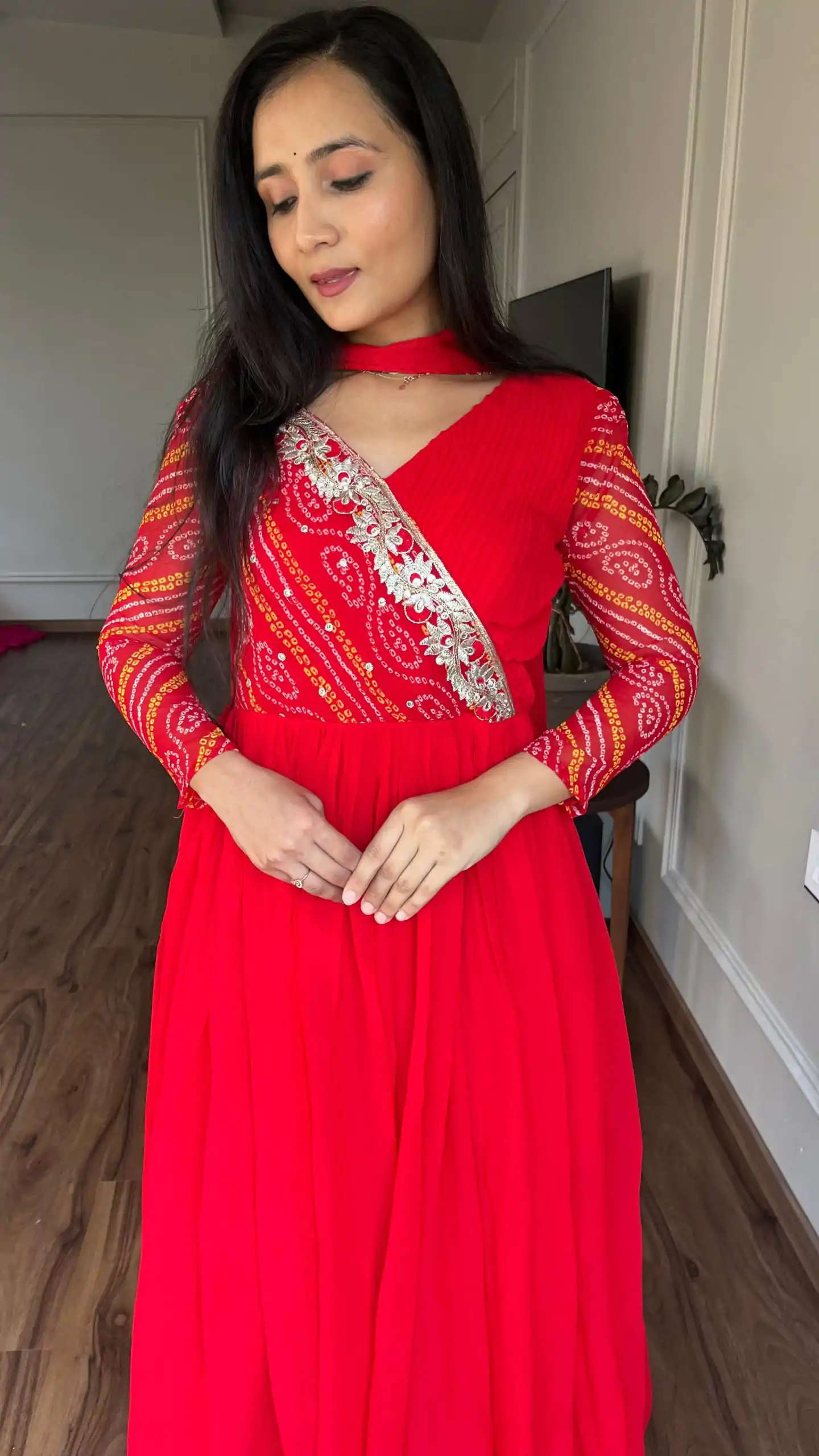 Ram 058 Red Color Bandhej With Fox Georgette 3mm Sequence Embroidery Work Anarkali Gown Wedding Party, Festive, Events Etc.4-6 Working Days@1899/- only | Gowns, Bollywood Gowns, Creative Gowns, Designer Gowns, Embroidered Gowns, Party Wear Gowns, Straight Suits