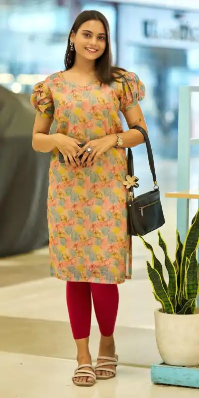 Yellow Simmer Silk Office Wear Printed Kurti