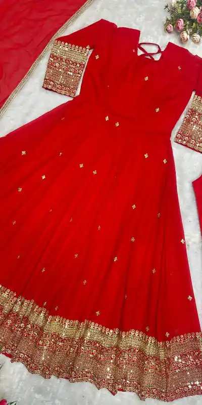 VLM 258 Red Color Fox Georgette With Embroidery Work Anarkali Gown Wedding Party, Festive, Events Etc.4-6 Working Days@2149/- only | Gowns, Bollywood Gowns, Creative Gowns, Designer Gowns, Embroidered Gowns, Party Wear Gowns, Straight Suits