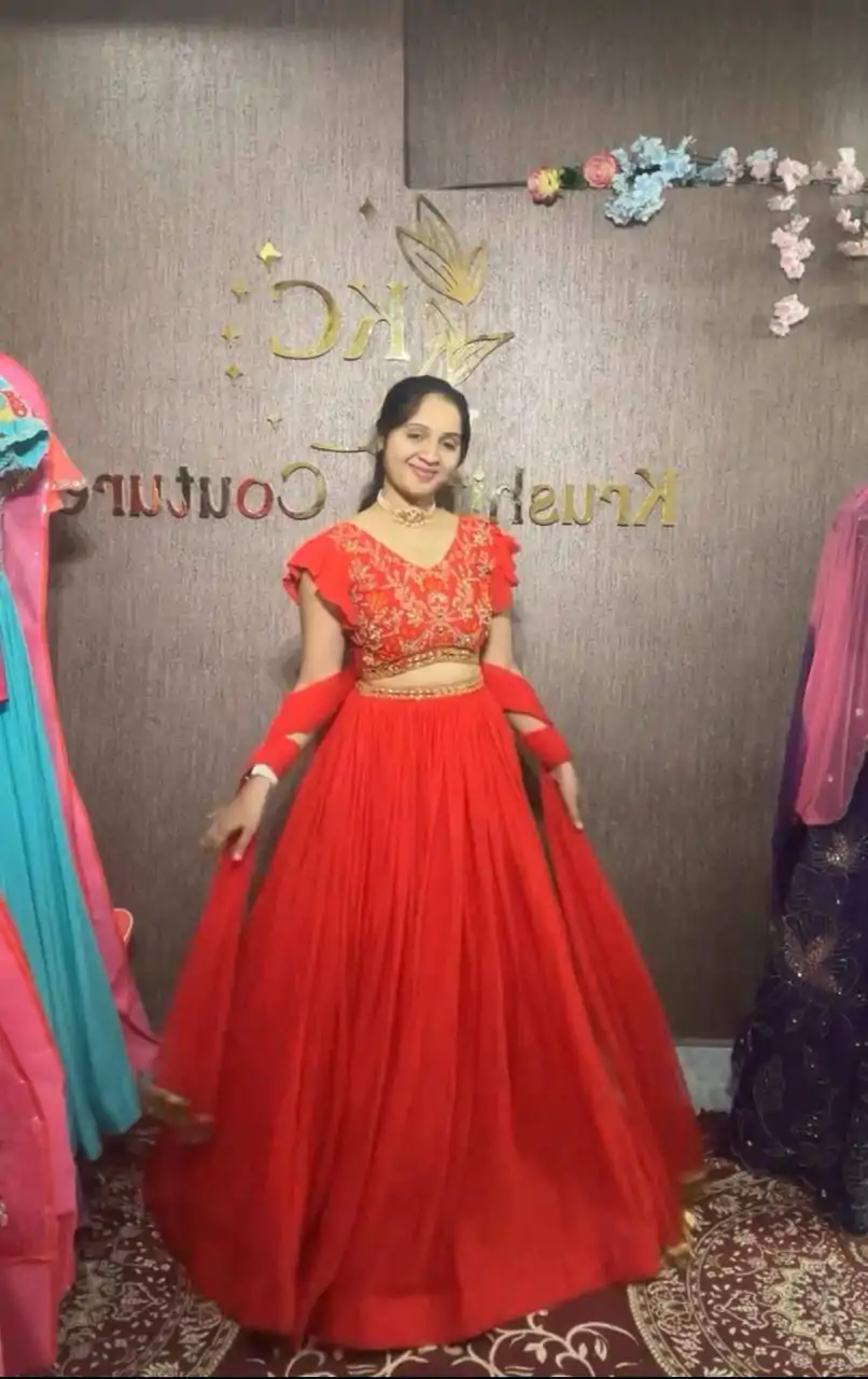 Red Fox Georgette Embroidery Thread Hand Pasting Real Mirror Lehenga Choli