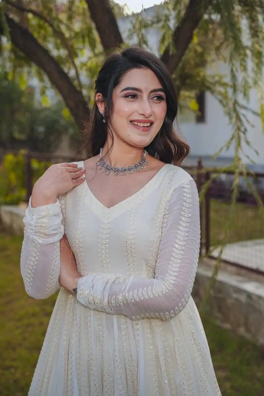 Cream Fox Georgette Embroidery Sequence Anarkali Gown - Image 3