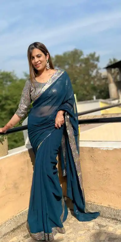 JR 579 Peacock Blue Color Georgette Sequence Work Lace With Peiping Saree Casual, Wedding, Festive, Events . Expected Delivery  4-6 Working Days @1649/- only                                                                                                                                             | Sarees, Bollywood Sarees, Creative Sarees, Designer Sarees, Embroidered Sarees, Ethnic Saree, Modern Digital sarees, Party Wear Sarees
