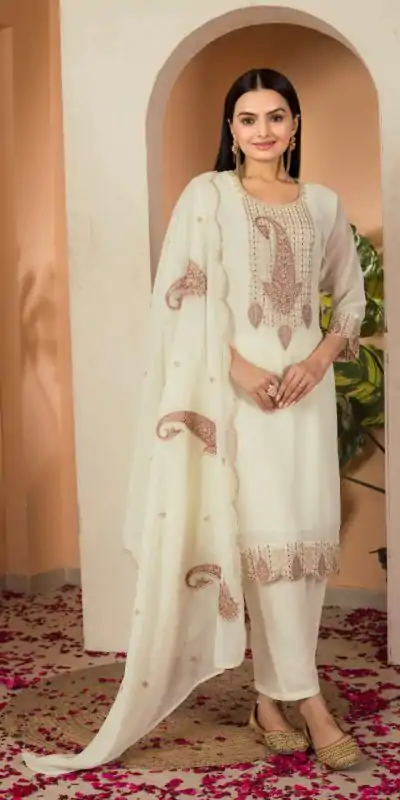 lovey Cream Color Fox georgette Embroidery Thread Sequence Salwar Suit