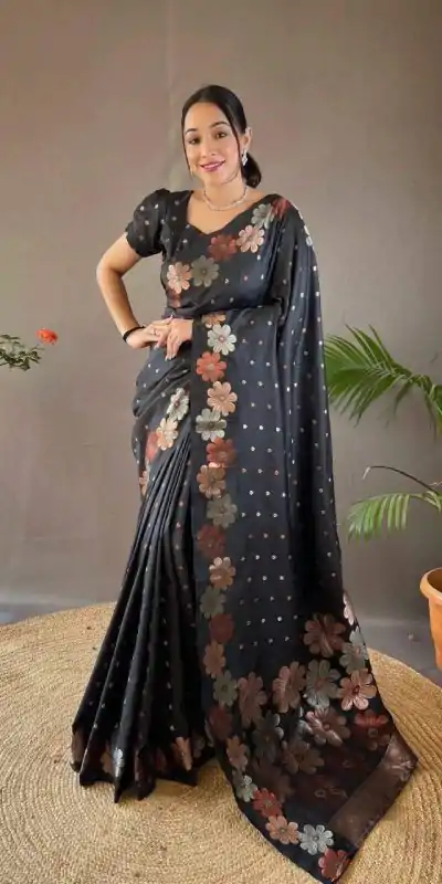 Aglow Black Color Soft Litchi Silk Kubera Pattu Saree