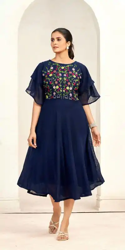 Aglow Navy Blue Color Georgette Butti Embroidery Thread Work Gown