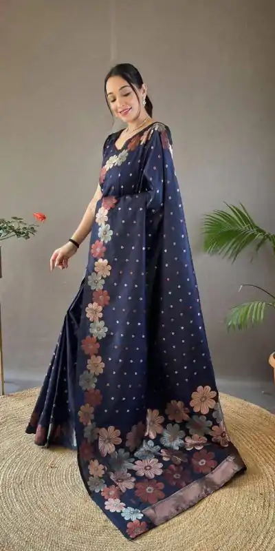 Aglow Navy Blue Color Soft Litchi Silk Kubera Pattu Saree