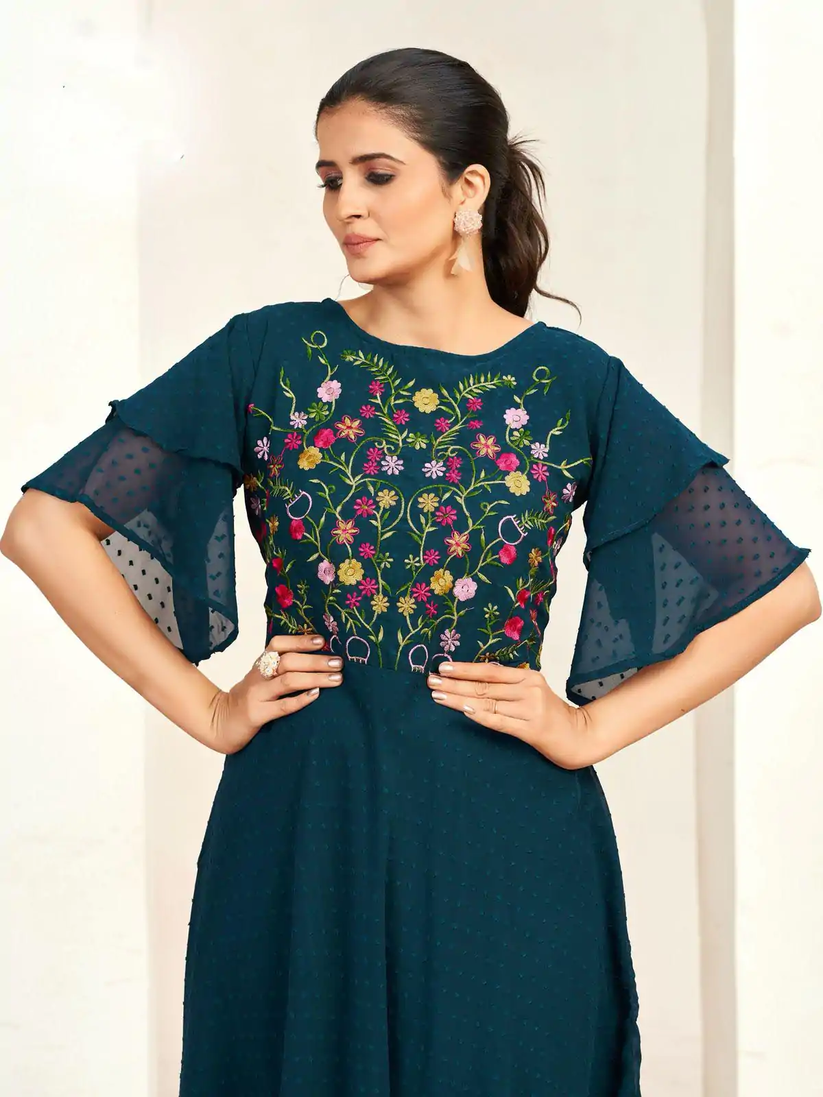 Aglow Rama Blue Color Georgette Butti Embroidery Thread Work Gown