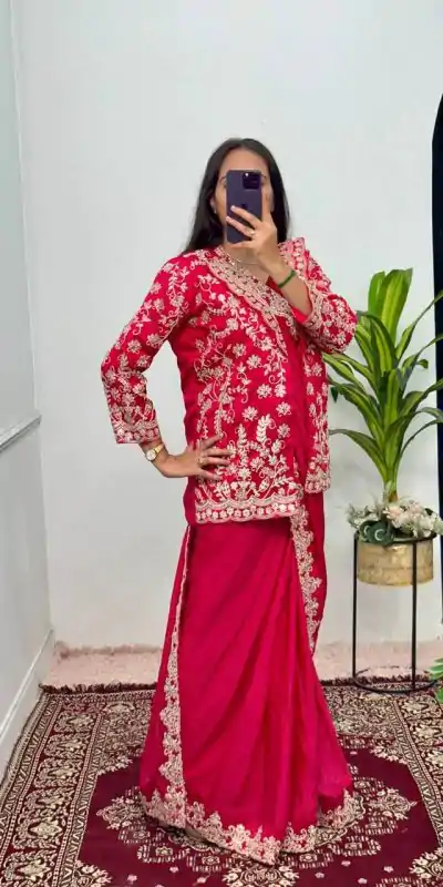 Aglow Red Color Chinon Work On Koti With Lace Border Saree