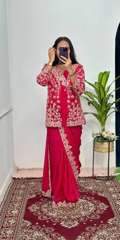 ST 1054 Red Color Chinon Work On Koti With Lace Border Saree Casual, Wedding, Festive, Events . Expected Delivery  4-6 Working Days @2199/- only                                                                                                                                           | Sarees, Bollywood Sarees, Creative Sarees, Designer Sarees, Embroidered Sarees, Ethnic Saree, Modern Digital sarees, Party Wear Sarees