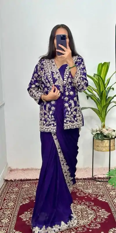 Aglow Royal blue Color Chinon Work On Koti With Lace Border Saree