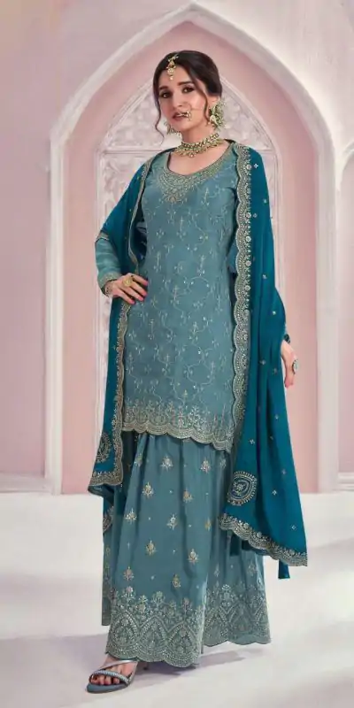 Amazing Blue Color Chinon Multi Coding Work Salwar Suit