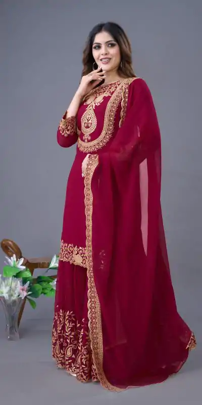 SRK 5242 Red Faux Georgette Embroidery Sequence Work Salwar Suit  Casual, Wedding, Party, Festive, Events Etc.4-6 Working Days@ 2099/-only | Jump Suits, Salwar suit, Casual Suits, Creative suits, Designer Suits, Palazzo Suits, Party Wear Suits, Patiala Suits, Straight Suits