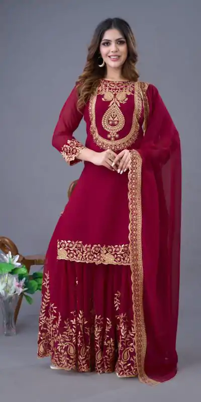SRK 5242 Red Faux Georgette Embroidery Sequence Work Salwar Suit  Casual, Wedding, Party, Festive, Events Etc.4-6 Working Days@ 2099/-only | Jump Suits, Salwar suit, Casual Suits, Creative suits, Designer Suits, Palazzo Suits, Party Wear Suits, Patiala Suits, Straight Suits