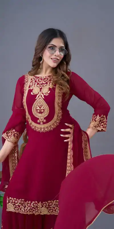 SRK 5242 Red Faux Georgette Embroidery Sequence Work Salwar Suit  Casual, Wedding, Party, Festive, Events Etc.4-6 Working Days@ 2099/-only | Jump Suits, Salwar suit, Casual Suits, Creative suits, Designer Suits, Palazzo Suits, Party Wear Suits, Patiala Suits, Straight Suits