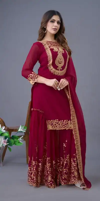 SRK 5242 Red Faux Georgette Embroidery Sequence Work Salwar Suit  Casual, Wedding, Party, Festive, Events Etc.4-6 Working Days@ 2099/-only | Jump Suits, Salwar suit, Casual Suits, Creative suits, Designer Suits, Palazzo Suits, Party Wear Suits, Patiala Suits, Straight Suits