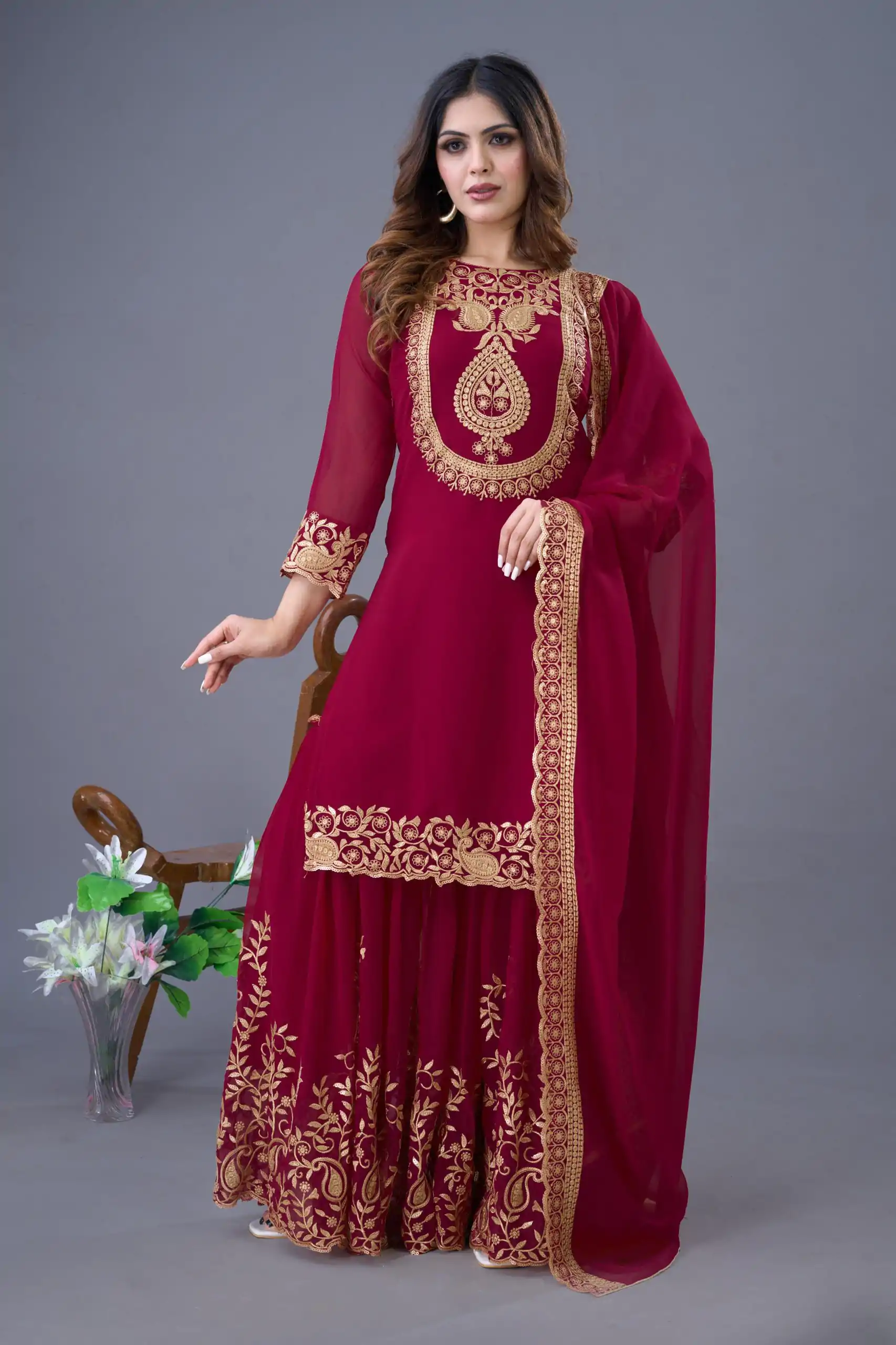 SRK 5242 Red Faux Georgette Embroidery Sequence Work Salwar Suit  Casual, Wedding, Party, Festive, Events Etc.4-6 Working Days@ 2099/-only | Jump Suits, Salwar suit, Casual Suits, Creative suits, Designer Suits, Palazzo Suits, Party Wear Suits, Patiala Suits, Straight Suits