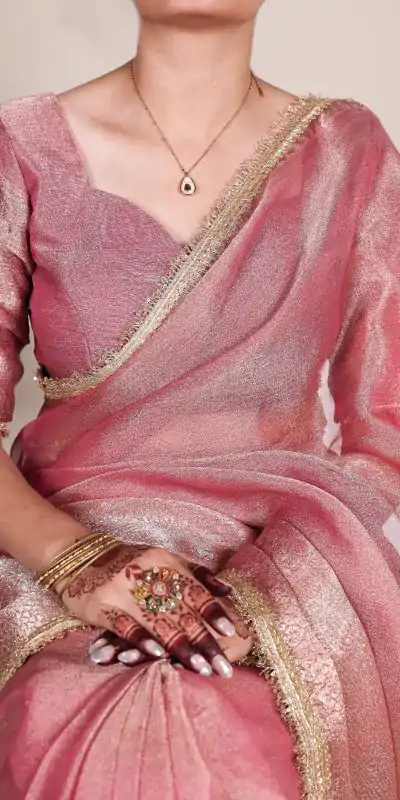 Attractive Pink Color Tissue Shimmer Zari Weaving Work Saree