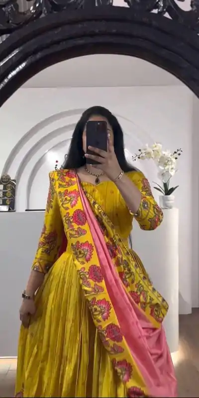 Awesome Yellow Color Chant Crepe Kalamkari Print Lehenga Choli