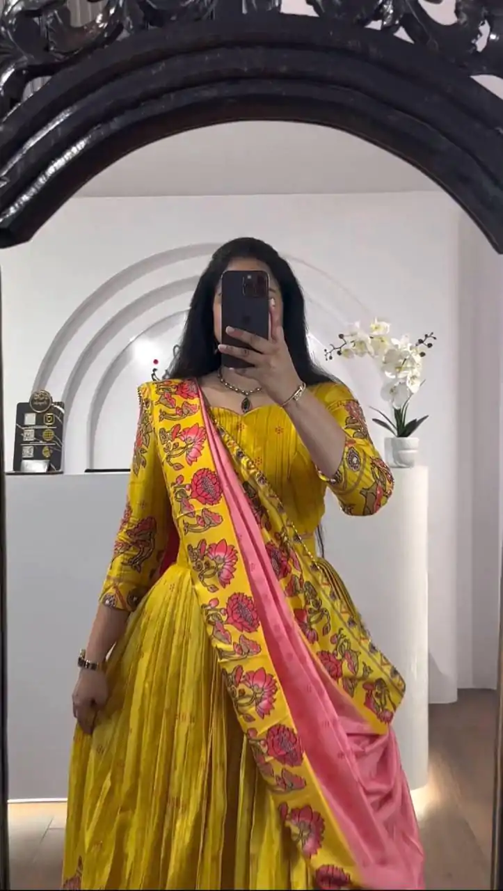 Awesome Yellow Color Chant Crepe Kalamkari Print Lehenga Choli
