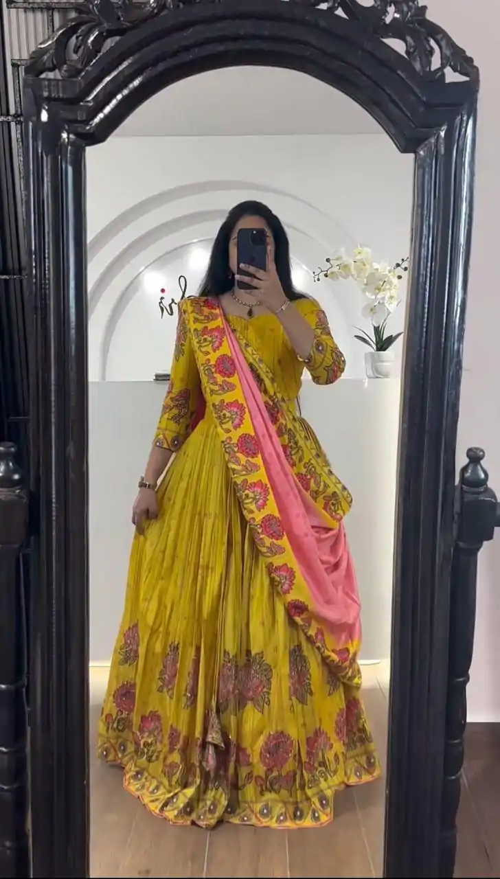 Yellow Chant Crepe Print Lehenga Choli - Image 3