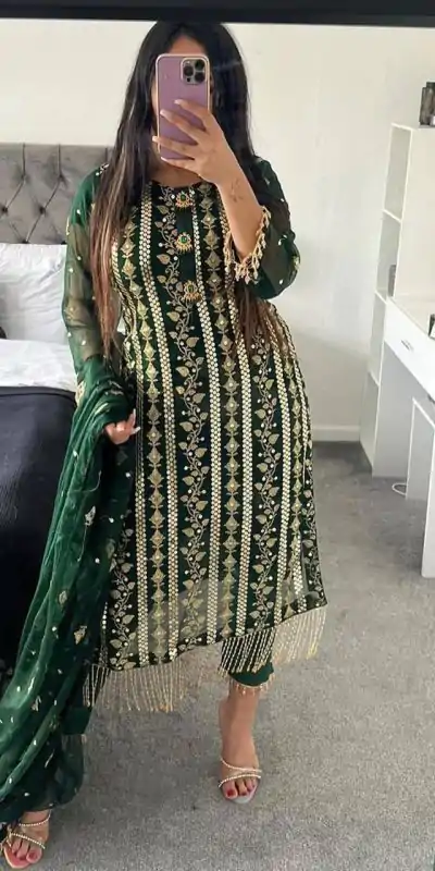 Beautiful Green Color Chinon Silk With Embroidery Work Salwar Suit