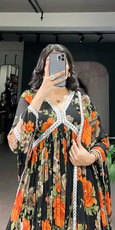 YNF 5040 Orange Color Georgette Floral Printed Paper Mirror Lace Gown , Wedding, Party, Festive, Events Etc. Expected Delivery 4-6 Working Days @1899/- | Gowns, Bollywood Gowns, Creative Gowns, Designer Gowns, Embroidered Gowns, Party Wear Gowns