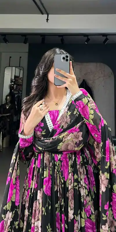 YNF 5040 Pink Color Georgette Floral Printed Paper Mirror Lace Gown Casual, Wedding, Party, Festive, Events Etc. Expected Delivery 4-6 Working Days @1899/- | Gowns, Bollywood Gowns, Creative Gowns, Designer Gowns, Embroidered Gowns, Party Wear Gowns