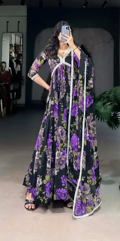 Beautiful Purple Color Georgette Floral Printed Paper Mirror Lace Gown