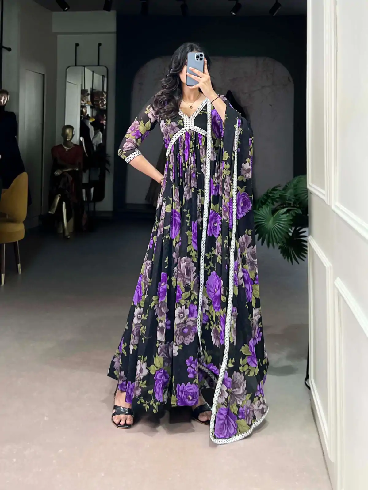 YNF 5040 Purple Color Georgette Floral Printed Paper Mirror Lace Gown , Wedding, Party, Festive, Events Etc. Expected Delivery 4-6 Working Days @1899/- | Gowns, Bollywood Gowns, Creative Gowns, Designer Gowns, Embroidered Gowns, Party Wear Gowns