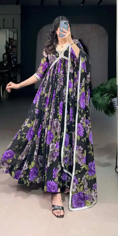 YNF 5040 Purple Color Georgette Floral Printed Paper Mirror Lace Gown , Wedding, Party, Festive, Events Etc. Expected Delivery 4-6 Working Days @1899/- | Gowns, Bollywood Gowns, Creative Gowns, Designer Gowns, Embroidered Gowns, Party Wear Gowns